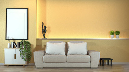 modern zen interior with sofa and green plants,lamp,decoration japanese style on Yellow wall design hidden light. 3d rendering