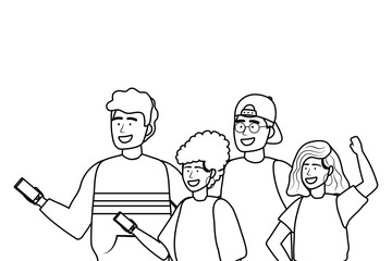 Woman and man avatars with smartphone design