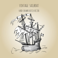 Old caravel, vintage sailboat. Ghost ship. Flying Dutchman. Hand drawn sketch. Detail of the old geographical or fanasy maps of sea.