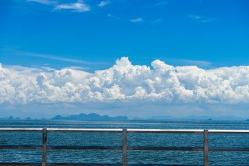 Blue sky background with white clouds.