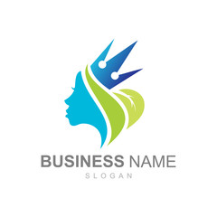 logo leaves with women wearing crown, queen logo design illustration
