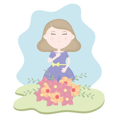 cute little girl with floral bouquet in the field