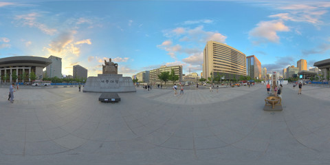Seoul, South Korea - 22 June 2019 360 degree panorama view of Gyeongbokgung Palace and City Center.