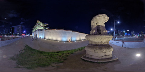 Seoul, South Korea - 22 June 2019 360 degrees panorama view of Gyeongbokgung Palace and City Center.