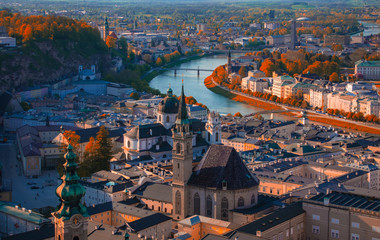 Beautiful of Aerial panoramic view in a Autumn season at a historic city of Salzburg with Salzach...
