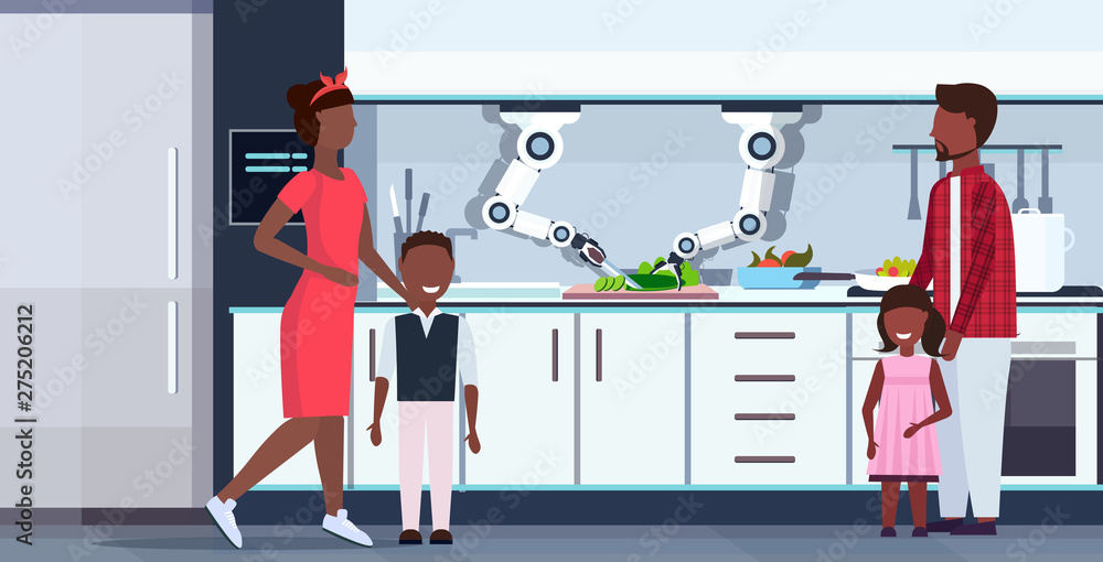 Poster smart handy chef robot cutting cucumber on board robotic assistant innovation technology artificial 