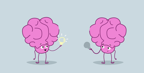 cute human brains couple holding light lamps creative idea imagination concept pink cartoon characters kawaii sketch style horizontal
