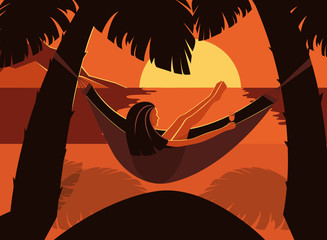 Woman chilling in hammock between palm trees. Girl relaxing at sunset. Beach vacation on tropical beach illustration, summer holiday vector.