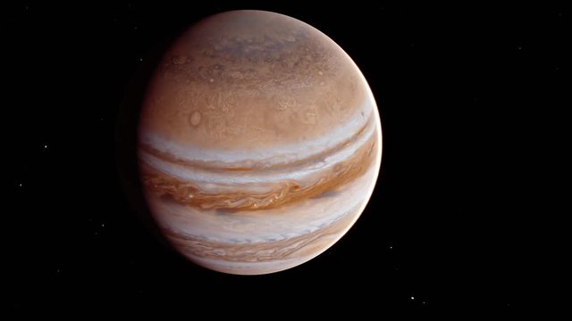 The planet Jupiter in space , Realistic 3d Render of gas giant planet jupiter rotating in space with stars in Background