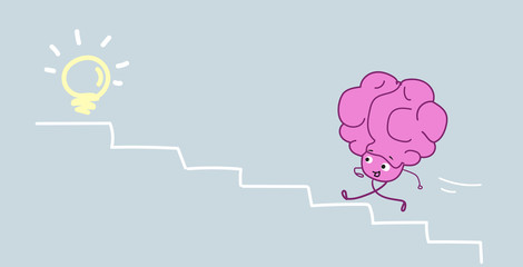 cute human brain climbing stairs up to light lamp pink cartoon character creative innovation idea concept kawaii sketch style horizontal
