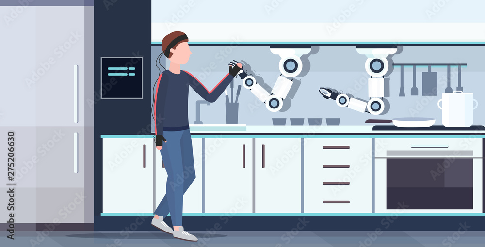 Poster man humanoid with wires electrodes indicators handshaking smart handy chef robot robotic assistant i