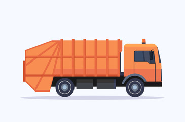 orange garbage truck urban sanitary vehicle residential and commercial waste transportation concept flat horizontal white background