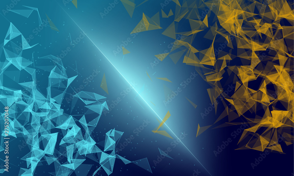 Poster low polygon geometrical background with moving lines and dots.