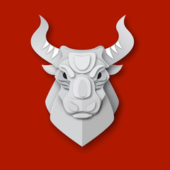 Head of the Bull, symbol of the Bullish Stock market. Red background, Paper cut out style, vector illustration - Vector