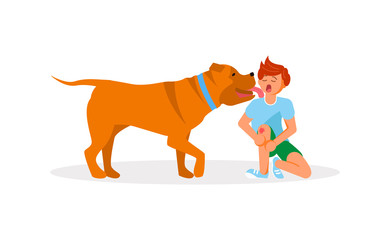 Dog licked on the boy cheek