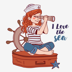 Cute girl sitting on a suitcase and looking in spyglass. Travel and adventure concept