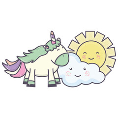 Obraz na płótnie Canvas cute adorable unicorn and clouds and sun kawaii characters