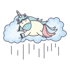 cute adorable unicorn floating in cloud rainy character