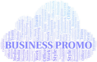 Business Promo word cloud. Collage made with text only.