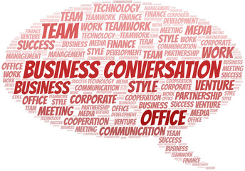 Business Conversation word cloud. Collage made with text only.