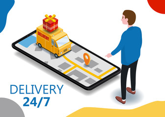 Isometry cargo delivery smartphone buyer, van, truck, route of navigation of the city map