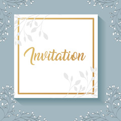 invitation card with square frame and leafs golden calligraphy