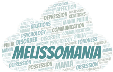 Melissomania word cloud. Type of mania, made with text only.