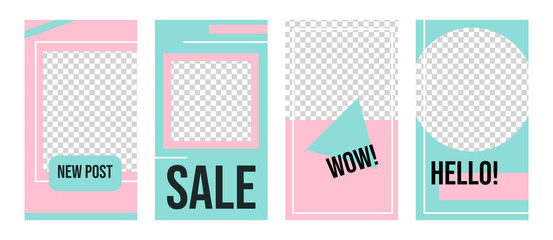 Set of editable template for social media stories. Vector illustration with abstract shapes in pink and mint colors on white background.