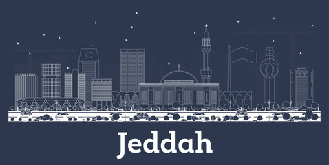 Fototapeta na wymiar Outline Jeddah Saudi Arabia City Skyline with White Buildings.