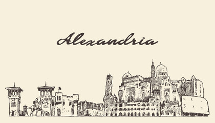 Alexandria skyline Egypt hand drawn vector sketch