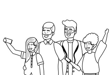 Woman and man avatars with smartphone design