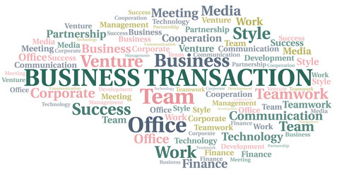 Business Transaction word cloud. Collage made with text only.