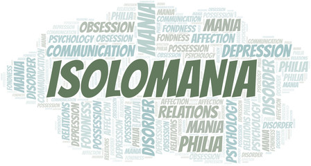 Isolomania word cloud. Type of mania, made with text only.
