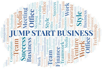 Obraz premium Jump Start Business word cloud. Collage made with text only.