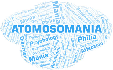 Atomosomania word cloud. Type of mania, made with text only.