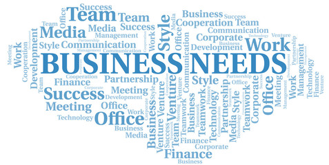 Business Needs word cloud. Collage made with text only.