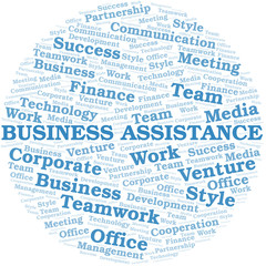 Business Assistance word cloud. Collage made with text only.
