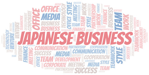 Japanese Business word cloud. Collage made with text only.