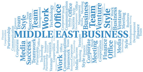 Middle East Business word cloud. Collage made with text only.