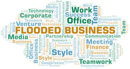 Flooded Business word cloud. Collage made with text only.