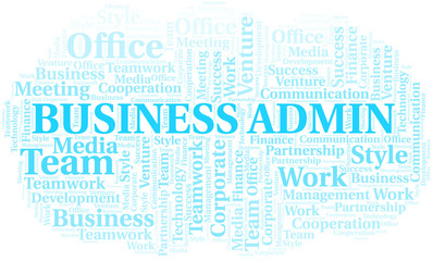 Business Admin word cloud. Collage made with text only.