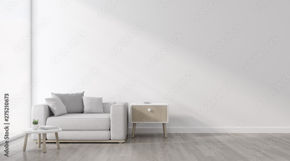 Poster view of white living room in minimal style with sofa and small side table on laminate floor.perspect