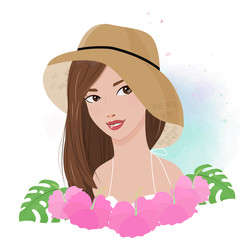 beautiful woman wear sun hat portrait with pink hibiscus flower on watercolor background summer fashion illustration