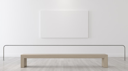 Mock-up of gallery interior with white canvas picture frame on white wall,art museum space with wood chair, 3D rendering