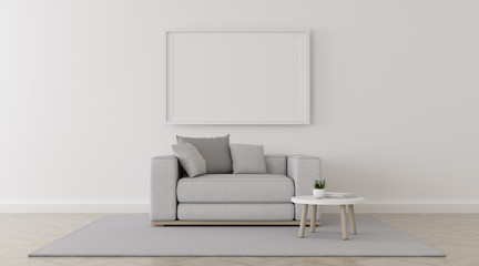 View of living room space with white sofa set and picture frame on white wall and bright laminate floor.Perspective of minimal Interior design. 3d rendering.