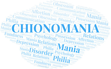 Chionomania word cloud. Type of mania, made with text only.