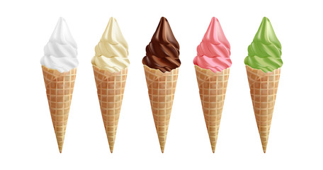 white, pistachio, vanilla, fruit and chocolate   ice cream in the cone waffle on white background 