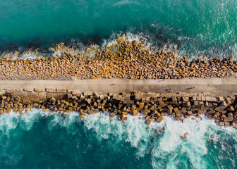 Aerial view of the breakwall at nobbys beach Newcastle NSW Australia © nigel
