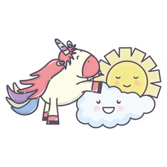 cute adorable unicorn and clouds and sun kawaii characters