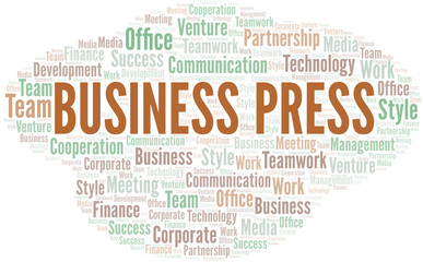 Business Press word cloud. Collage made with text only.